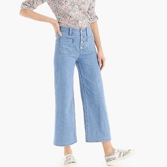 J Crew Point Sur Wide Leg Crop Clean Light Wash Stretch Raw Hem Patch Pocket - Picture 2 of 13